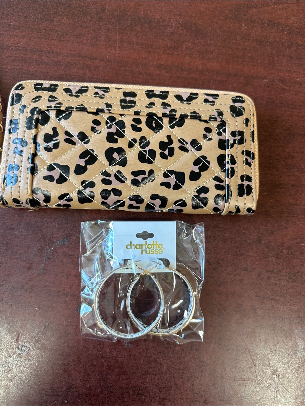 ##128, Earrings and Quilted Leopard Zip Wallet in Beige and Black